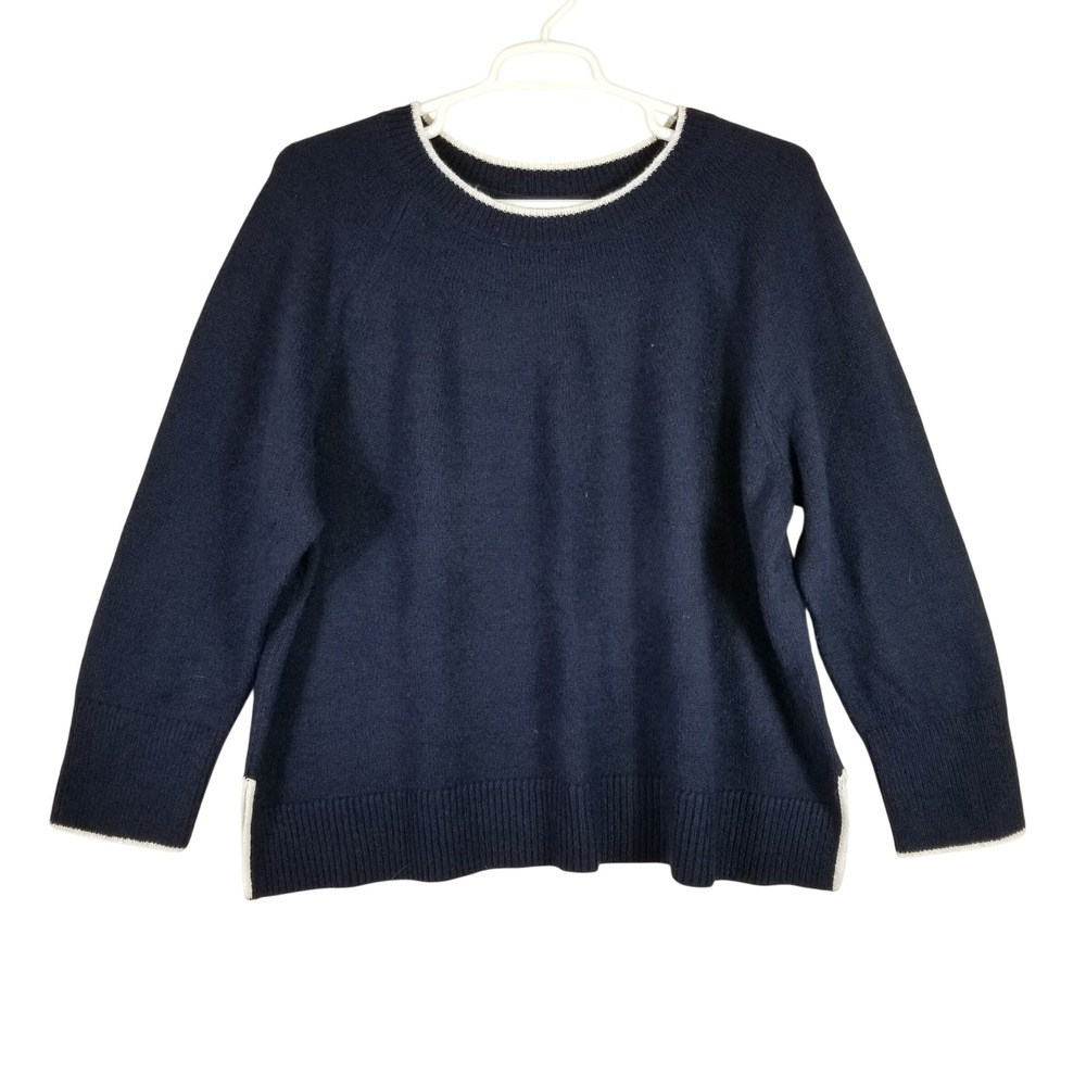 Talbots Sweater Women 3X P Navy Blue Contrast Trim Wool Blend Crew Neck